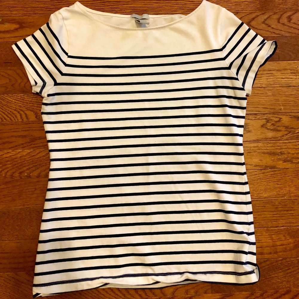 Striped t with detailed shoulder